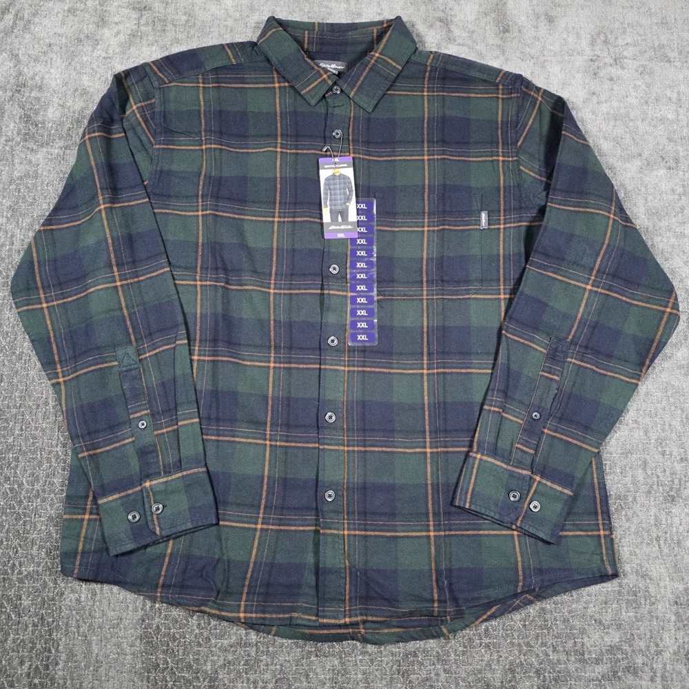 NWT Eddie Bauer Plaid Flannel Shirt Mens XXL 2XL Green Blue Outdoor Hiking